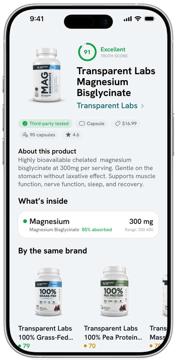 MoodStack Truth Score — Transparent Labs Magnesium Bisglycinate scored Excellent